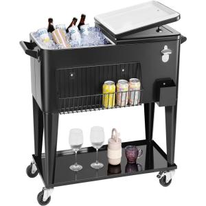 imageVEVOR 80 Quart Rolling Ice Chest Holds up to 50 Bottles  110 Cans Portable Patio Party Bar Drink Cooler Cart with Bottom Shelf Beverage Pool with Side Basket and Bottle Opener Black