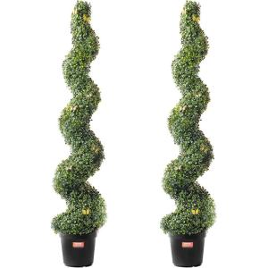 imageVEVOR Artificial Boxwood Spiral Topiary Trees 4ft Tall 2 Pieces Faux Plant Outdoor AllYear Green Fake Plant with Replaceable Leaves for DecorativeIndoorPorchGarden5ft