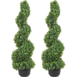 imageVEVOR Artificial Boxwood Spiral Topiary Trees 4ft Tall 2 Pieces Faux Plant Outdoor AllYear Green Fake Plant with Replaceable Leaves for DecorativeIndoorPorchGarden3ft