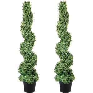 imageVEVOR Artificial Boxwood Spiral Topiary Trees 4ft Tall 2 Pieces Faux Plant Outdoor AllYear Green Fake Plant with Replaceable Leaves for DecorativeIndoorPorchGarden4ft
