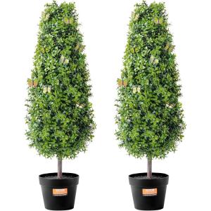 imageVEVOR Artificial Boxwood Topiary Tree 36 inch Tall 2 Pieces Faux Topiary Trees Green Faux Plant wExtra Leaves ampamp Pot ampamp Small Decoration UV Rated Greenery Set for Home Decor IndoorOutdoor