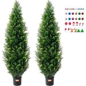 imageVEVOR Artificial Cedar Topiary Tree 48 inch Tall 2 Pieces with Extra Leaves ampamp Pot Faux Evergreen Fake Pine Cypress Trees Plant UV Rated Artificial Greenery Set for Home Decor IndoorOutdoor5ft