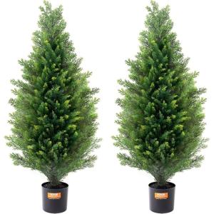 imageVEVOR Artificial Cedar Topiary Tree 48 inch Tall 2 Pieces with Extra Leaves ampamp Pot Faux Evergreen Fake Pine Cypress Trees Plant UV Rated Artificial Greenery Set for Home Decor IndoorOutdoor3ft
