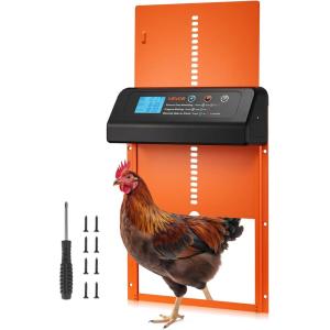imageVEVOR Automatic Chicken Coop Door Auto Chicken Door Opener with Timer ampamp Light Sensor Aluminum Chicken Coops Door with Remote Control and LCD Screen 4 Modes Opening Battery or DC PoweredOrange