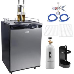 imageVEVOR Beer Kegerator Dual Tap Commercial Draft Beer Dispenser for D system Full Size Keg Refrigerator with 5lbs CO2 Tank Hold 2 Sixth  2 Ball lock keg BlackDual TapSilver