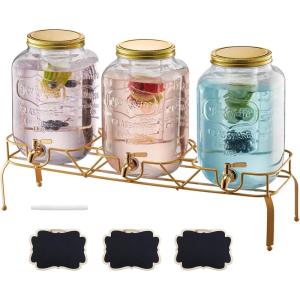imageVEVOR Beverage Dispenser 2 Pack 1 Gallon Drink Dispensers for Parties Glass Juice Dispenser with Wood Stand Stainless Steel Spigot Infuser Iced Tea Lemonade Juice Water Dispensers for Parties2Gal 3Pack