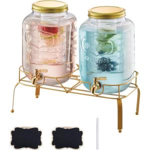 imageVEVOR Beverage Dispenser 2 Pack 1 Gallon Drink Dispensers for Parties Glass Juice Dispenser with Wood Stand Stainless Steel Spigot Infuser Iced Tea Lemonade Juice Water Dispensers for Parties2Gal 2Pack