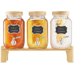 imageVEVOR Beverage Dispenser 2 Pack 1 Gallon Drink Dispensers for Parties Glass Juice Dispenser with Wood Stand Stainless Steel Spigot Infuser Iced Tea Lemonade Juice Water Dispensers for Parties1Gal 3Pack