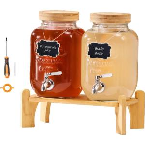 imageVEVOR Beverage Dispenser 2 Pack 1 Gallon Drink Dispensers for Parties Glass Juice Dispenser with Wood Stand Stainless Steel Spigot Infuser Iced Tea Lemonade Juice Water Dispensers for Parties1Gal 2Pack
