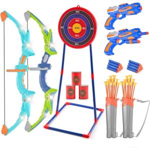 imageVEVOR Bow and Arrow Set for Kids 2 Pack LED Light Up Archery Set with 20 Suction Cup Arrows Indoor Outdoor Toy for Boys Girls Age 48 812 with Standing Target ampamp 2 Guns Ideal Gift for KidsStanding Target with Gun