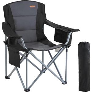 imageVEVOR Camping Folding Chair Portable Heavy Duty Outdoor Quad Lumbar Back Padded with Side Pockets Cup Holder and Cooler Bag for Beach Lawn Picnic Fishing Backpacking Black
