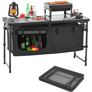 imageVEVOR Camping Kitchen Station 3 Adjustable Height Folding Outdoor Camp Cooking Table with Storage Organizer Quick Setup for Patio BBQ Picnic Glamping TravelingBlack
