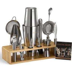 imageVEVOR Cocktail Shaker Set 13Piece Stainless Steel Bar Tools with Bamboo Stand Boston Bartender Kit  Mixer Spoon Muddler Jigger Strainer Liquor Pourers Ice Scoop Lemon Zester GunmetalWoodsilver