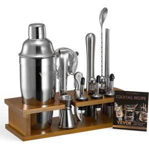 imageVEVOR Cocktail Shaker Set 18Piece Stainless Steel Bar Tools with Bamboo Stand Martini Bartender Kit Accessories  Mixer Spoon Muddler Jigger Strainer Liquor Pourers Ice Tong Corkscrew Silver16Piece