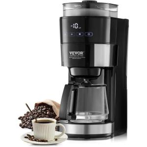 imageVEVOR Coffee Maker with Grinder 8 Cup Coffee Machine Grind and Brew Coffee Maker with 3 Brew Strength Control 24Hour Timer for Auto Brew for Home Office Restaurant10 CUP
