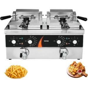 imageVEVOR Commercial Deep Fryer 2 x 9Qt  85L Double Oil Fryer with 2 Baskets 1mm Thickened Stainless Steel Dual Tank 3500W Electric Countertop Fryer Time ampamp Temp Control for Kitchen Restaurant UseDouble Tank