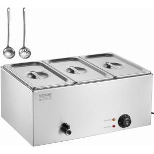 imageVEVOR Commercial Food Warmer 1500W Electric Stainless Steel Steam Food Warmer with Lid 6Pan Fast Heating Countertop Buffet Bain Marie with Soup ampamp Perforated Ladles for Catering Restaurant Party3x13Pan 24QT