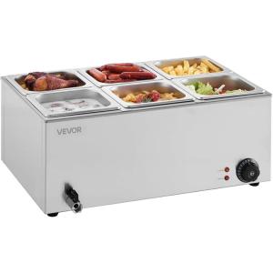 imageVEVOR Commercial Food Warmer 1500W Electric Stainless Steel Steam Food Warmer with Lid 6Pan Fast Heating Countertop Buffet Bain Marie with Soup ampamp Perforated Ladles for Catering Restaurant Party6x16Pan 24QT