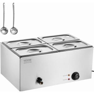 imageVEVOR Commercial Food Warmer 1500W Electric Stainless Steel Steam Food Warmer with Lid 6Pan Fast Heating Countertop Buffet Bain Marie with Soup ampamp Perforated Ladles for Catering Restaurant Party4x14Pan 24QT
