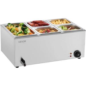 imageVEVOR Commercial Food Warmer 1500W Electric Stainless Steel Steam Food Warmer with Lid 6Pan Fast Heating Countertop Buffet Bain Marie with Soup ampamp Perforated Ladles for Catering Restaurant Party1x13Pan and 4x16Pan 24QT