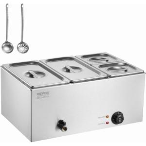 imageVEVOR Commercial Food Warmer 1500W Electric Stainless Steel Steam Food Warmer with Lid 6Pan Fast Heating Countertop Buffet Bain Marie with Soup ampamp Perforated Ladles for Catering Restaurant Party2x13Pan and 2x16Pan 24QT