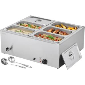 imageVEVOR Commercial Food Warmer 1500W Electric Stainless Steel Steam Food Warmer with Lid 6Pan Fast Heating Countertop Buffet Bain Marie with Soup ampamp Perforated Ladles for Catering Restaurant Party6x13Pan 48QT