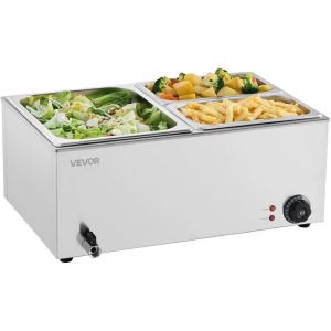 imageVEVOR Commercial Food Warmer 1500W Electric Stainless Steel Steam Food Warmer with Lid 6Pan Fast Heating Countertop Buffet Bain Marie with Soup ampamp Perforated Ladles for Catering Restaurant Party1x12Pan and 2x14Pan 24QT