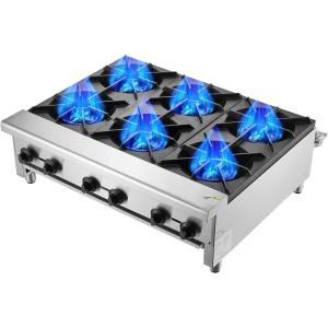 imageVEVOR Commercial Gas Stove with Cabinet Propane and Natural Gas Countertop Cooking Stove Range Stainless Steel Gas Hot Plate Commercial Cooking Equipment for Restaurant 90000 BTU6 Burners