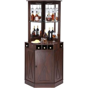 imageVEVOR Corner Industrial Bar Cabinet Wine Table for Liquor ampamp Glasses Sideboard Buffet Cabinet with Glass Holder Freestanding Farmhouse Wood Coffee Bar Cabinet for Living Room Home Bar Black Walnut148D x 13W x 724H