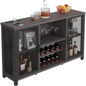 imageVEVOR Corner Industrial Bar Cabinet Wine Table for Liquor ampamp Glasses Sideboard Buffet Cabinet with Glass Holder Freestanding Farmhouse Wood Coffee Bar Cabinet for Living Room Home Bar Black Walnut55D x 138W x 323H