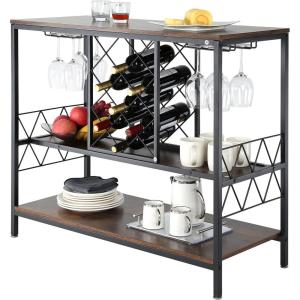 imageVEVOR Corner Industrial Bar Cabinet Wine Table for Liquor ampamp Glasses Sideboard Buffet Cabinet with Glass Holder Freestanding Farmhouse Wood Coffee Bar Cabinet for Living Room Home Bar Black Walnut394D x 157W x 337H
