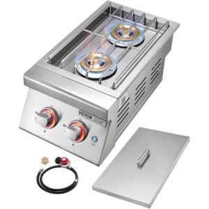 imageVEVOR Double Grilling Side Burners 2 x 17000BTU Liquid Propane Side Burner for Outdoor Kitchen Convertible to Natural Gas 304 Stainless Steel Builtin Double Burners with LED for BBQ Grill Island17 000BTU