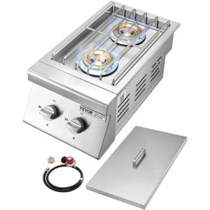 imageVEVOR Double Grilling Side Burners 2 x 17000BTU Liquid Propane Side Burner for Outdoor Kitchen Convertible to Natural Gas 304 Stainless Steel Builtin Double Burners with LED for BBQ Grill Island15 000BTU