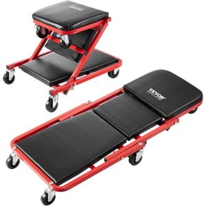 imageVEVOR Foldable Z Garage Creeper 40 in 450 lbs Load Capacity Rolling Folding Mechanic Creeper Stool with 6 Universal Wheels Padded Seat Steel Frame Lay Down or Sit Chair for Garage Shop or HomeRed