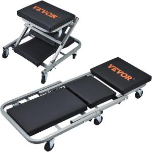 imageVEVOR Foldable Z Garage Creeper 40 in 450 lbs Load Capacity Rolling Folding Mechanic Creeper Stool with 6 Universal Wheels Padded Seat Steel Frame Lay Down or Sit Chair for Garage Shop or HomeBlack