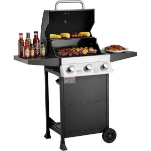 imageVEVOR Gas Grill 3 Burner Propane Gas Grill with Spacious 338 SQIn Grilling Area Carbon Steel Enamel Grates Outdoor 36000 BTU Patio Garden BBQ Grills with Foldable Side Shelves Carbon Steel3 Burner Carbon Steel