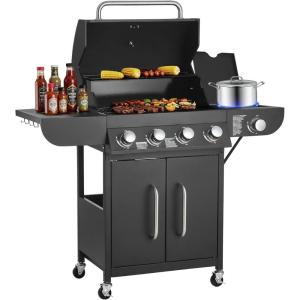 imageVEVOR Gas Grill 3 Burner Propane Gas Grill with Spacious 338 SQIn Grilling Area Carbon Steel Enamel Grates Outdoor 36000 BTU Patio Garden BBQ Grills with Foldable Side Shelves Carbon Steel41 Burner Carbon Steel