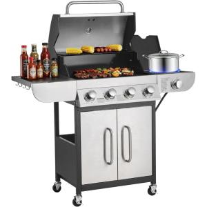 imageVEVOR Gas Grill 3 Burner Propane Gas Grill with Spacious 338 SQIn Grilling Area Carbon Steel Enamel Grates Outdoor 36000 BTU Patio Garden BBQ Grills with Foldable Side Shelves Carbon Steel41 Burner Stainless Steel