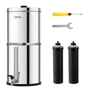 imageVEVOR Gravityfed Water Filter System 225G 304 StainlessSteel Countertop System Water Filtration System Reduces Lead and up to 99 of Chlorine with 2 Carbon Filters ampamp Spigot for Home Camping RVVisible Water level
