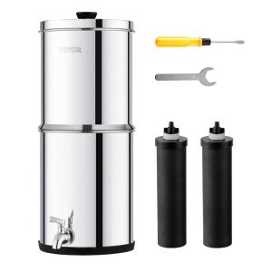 imageVEVOR Gravityfed Water Filter System 225G 304 StainlessSteel Countertop System Water Filtration System Reduces Lead and up to 99 of Chlorine with 2 Carbon Filters ampamp Spigot for Home Camping RVNonVisible Water level