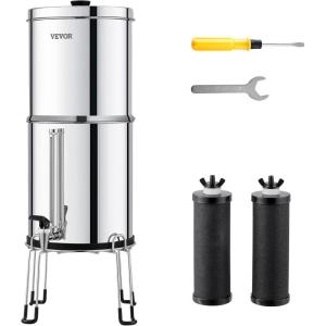 imageVEVOR Gravityfed Water Filter System 225G 304 StainlessSteel Countertop System Water Filtration System Reduces Lead and up to 99 of Chlorine with 2 Carbon Filters Water Level Spigot Stand