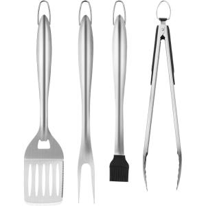 imageVEVOR Grilling Accessories 4PCS BBQ Grill Tool Set Heavy Duty Stainless Steel Barbecue Tools Kitchen Utensils with Tong Spatula Fork Brush for Outdoor Grills Gift for Father Men Husband