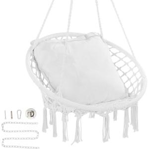 imageVEVOR Hanging Hammock Swing Chair 330 Lbs Capacity Macram Hanging Chair with Mounting Hardware Cotton Rope Swing Chair for Bedroom Balcony Patio Garden WhiteCushion