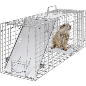 imageVEVOR Live Animal Cage Trap 31quot x 10quot x 12quot Humane Cat Trap Galvanized Iron Folding Animal Trap with Handle for Rabbits Stray Cats Squirrels Raccoons Groundhogs and Opossums