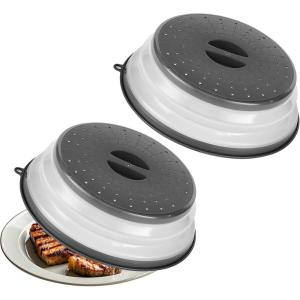 imageVEVOR Microwave Splatter Cover ampamp Mat 108quot Collapsible Microwave Lid for Food 500F HeatResistant Silicone ampamp Tempered Glass Splatter Guard for Plate Dish MultiPurpose Kitchen Gadget with Handle2 Pack