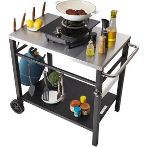 imageVEVOR Outdoor Grill Dining Cart with DoubleShelf BBQ Movable Food Prep Table Multifunctional Stainless Steel Table Top Portable Modular Carts for Pizza Oven Worktable with 2 Wheels Carry HandleStainless Steel Table Top