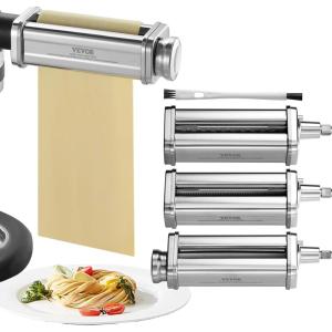 imageVEVOR Pasta Attachment for KitchenAid Stand Mixer Stainless Steel Pasta Maker Attachment Includes Pasta Sheet Roller Spaghetti Cutter Fettuccine Cutter 8 Adjustable Thickness Knob Pasta Maker 3Pcs3 SET