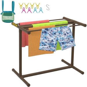 imageVEVOR Pool Towel Rack 5 Bar Brown Freestanding Outdoor PVC TShape Poolside Storage Organizer Include 8 Towel Clips Mesh Bag Hook Also Stores Floats and Paddles for Beach Swimming Pool HomeBrown