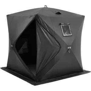 imageVEVOR PopUp Ice Fishing Tent  Portable HubStyle Shelter with Insulated ampamp NonInsulated Options Multiple Sizes for 1 to 8 Persons Waterproof Oxford Fabric Includes Anchors Ropes ampamp Carry BagBlack 34 Person Noninsulated Ice Fishing Tent