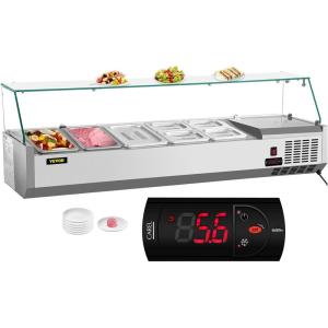 imageVEVOR Refrigerated Condiment Prep Station 135 W Countertop Refrigerated Condiment Station with 2 13 Pans ampamp 4 16 Pans 304 Stainless Body and PC Lid Sandwich Prep Table with Stainless Guard ETL1 Count Pack of 1